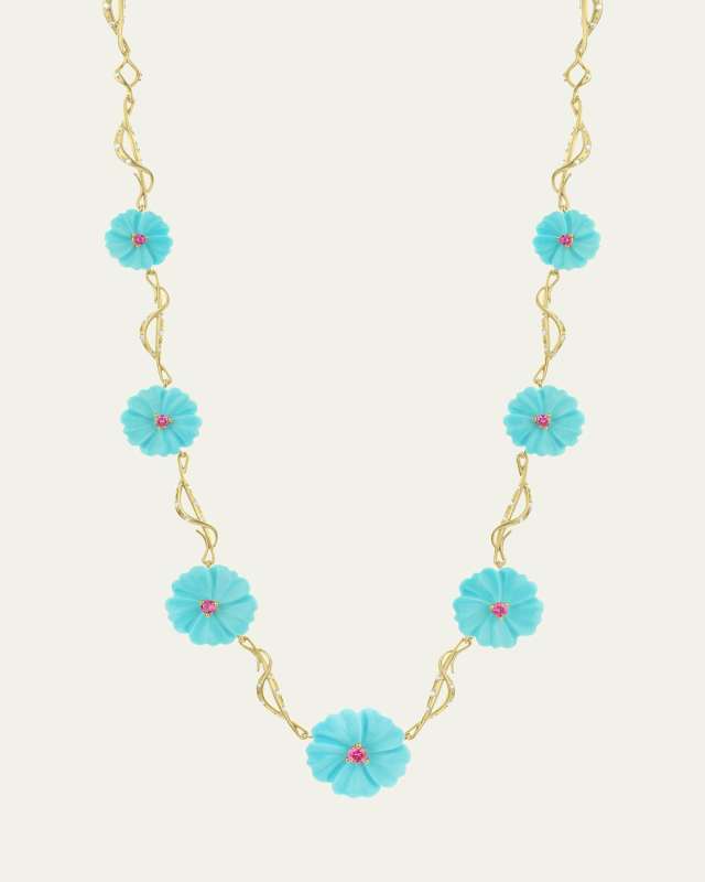 18K Carved Turquoise Flower Link Necklace with Diamonds and Rubies